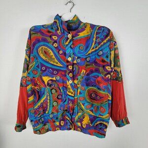 Vintage Adam Douglass Womens Colorful Paisley Print Silk Jacket Medium Button Up